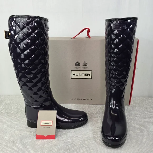 Hunter Refined Gloss Quilt Tall Rain Boots Aubergine Purple Size 8 - Picture 1 of 11
